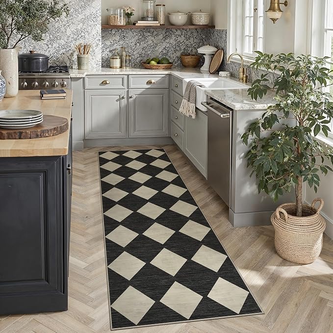 Black 2x8 Washable Runner Rug Kitchen Non Slip Checkered Carpet | Soft, Low Pile, Easy Clean, Diamond Pattern for Hallway, Entryway, Laundry Room, Bathroom, Modern Indoor Decor
