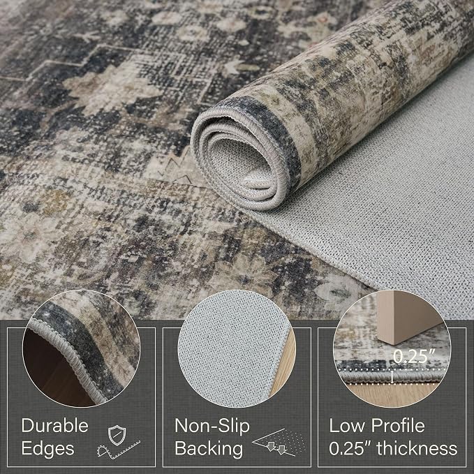 Washable Entryway Rug 2x3 - Low Pile Non-Slip Front Door Mat, Charcoal and Cream Stain Resistant Distressed Geometric Throw Carpet for Kitchen, Bathroom, Modern Boho Decor