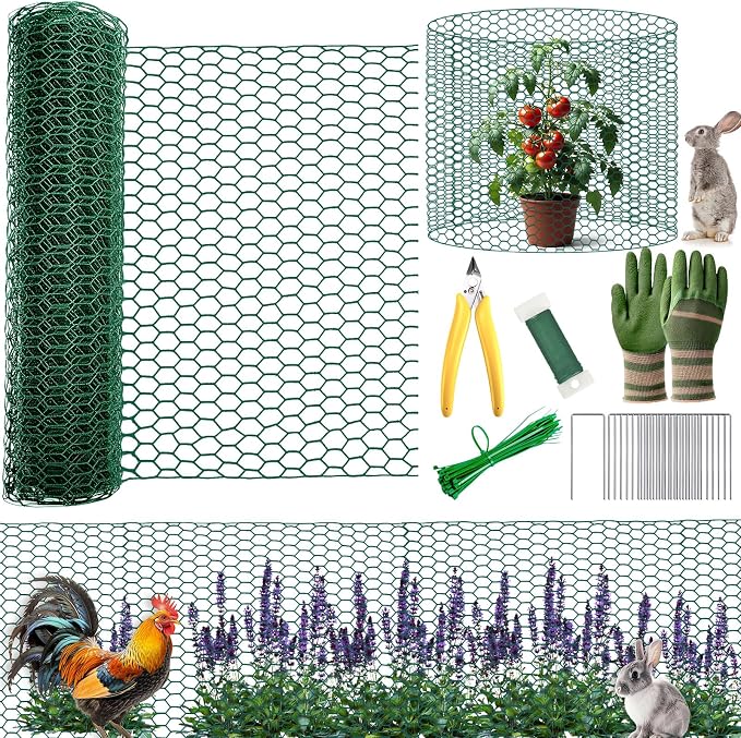All-in-One 200 Inch Plant Protectors from Animals Kit - 0.85mm Heavy Duty Chicken Wire Cloche,Free-Cut Wire Mesh Roll Includes Pliers, Gloves, Ties, Stakes for Custom Outdoor Cages (12 * 200 Inch)