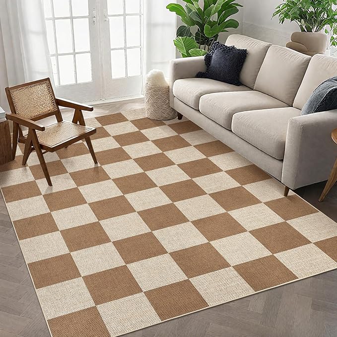 GarveeHome Checkered Easy Jute 5x7 Area Rugs for Living Room Machine Washable Non-Slip Backing Stain Resistant Modern Indoor Outdoor Rugs for Farmhouse Dining Room Patio Brown