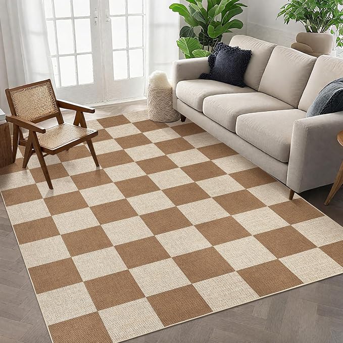 GarveeHome Easy Jute Area Rugs 6x9 for Living Room Non-Slip Backing Checkered Rugs Machine Washable Modern Indoor Outdoor Carpets for Dining Room Nursery Patio Bedroom Backyard Camping Brown