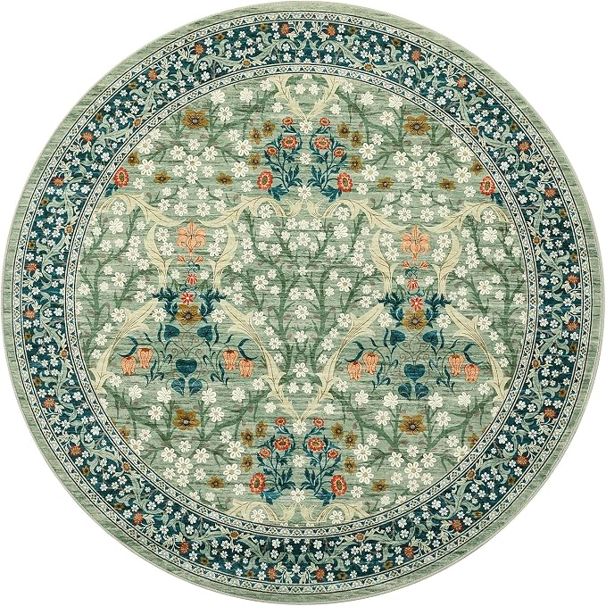 GarveeHome Sage Green Floral 4 ft Round Rug Washable Non-Slip Soft Low Pile Small Circle Carpet Vintage Rugs for Kitchen Bedroom Nursery Dining Living Room