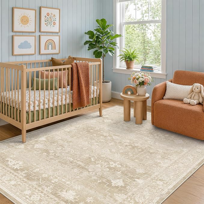 Washable 5x7 Creamy Beige and Yellow Area Rug for Bedroom, Dining Room Table, Baby Nursery, Kids Room Playroom, Shabby Chic Neutral Distressed Geometric Large Rug, Stain Resistant Low Pile Non-Slip