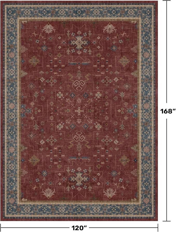 Moroccan Big Rugs for Living Room - Dark Red 10x14 Area Rug for Large Bedroom, Dining Room, Washable Lightweight Low Pile Foldable Oriental Burgendy Home Décor
