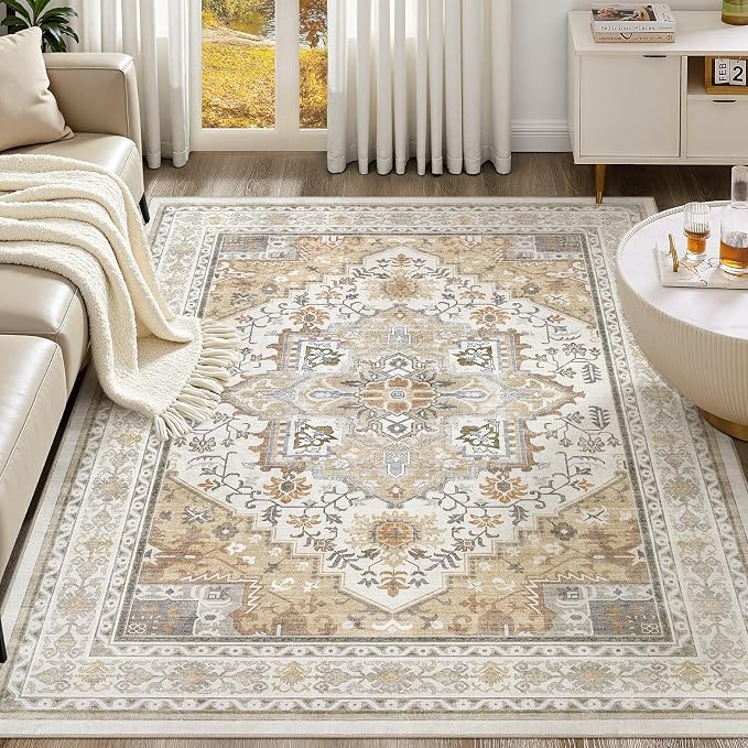 UERMEI 8x10 Area Rug for Living Room - Washable Vintage Carpet, Non-Slip Soft Large Indoor Floor Rugs for Bedroom Home Office & Under Dining Table Decor, Brown Beige
