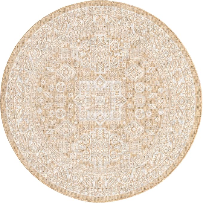 Unique Loom Outdoor Aztec Collection Area Rug - Chalca (5' 3" Round, Natural/ Ivory)