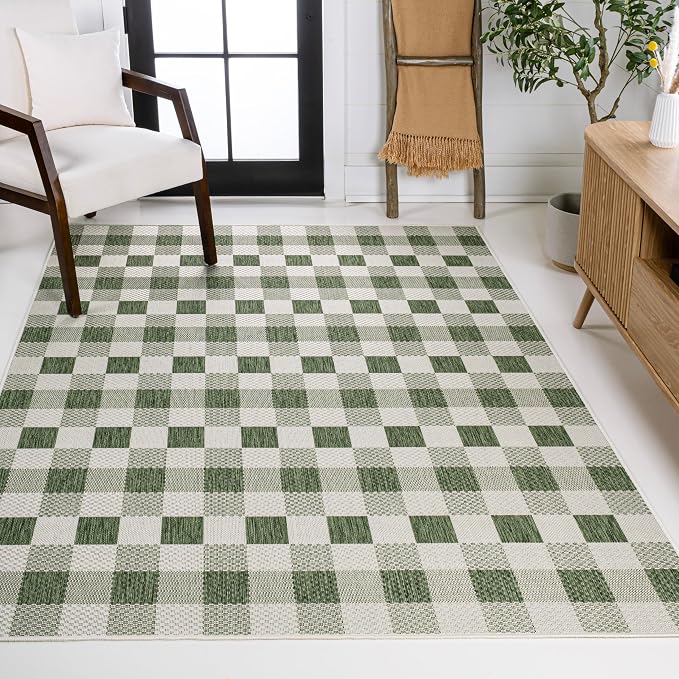 JONATHAN Y Geometric Bold Gingham Indoor Outdoor Area Rug 8X10 Green/Cream, Darcy Traditional for Backyard, Patio, Porch, Easy-Cleaning, High Traffic, Pet-Friendly, Non-Shedding (TSN201E-8)