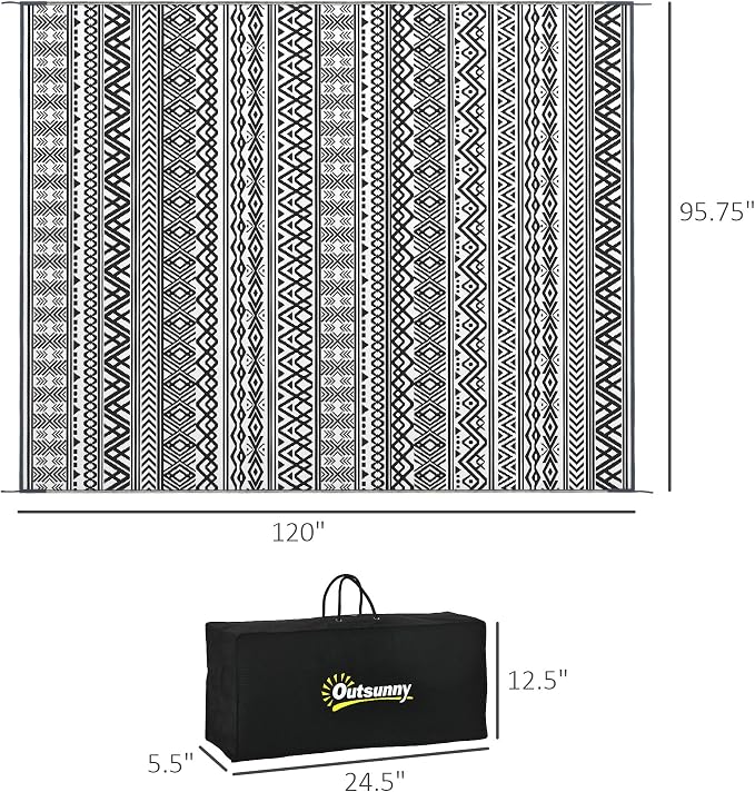 Outsunny Outdoor Rug for Patio, 8' x 10' Waterproof Large Mat, Reversible Plastic Straw Rug for Decor, Portable Outside RV Camping Area Carpet Mat for Backyard Porch Deck Picnic, Gray & Cream Boho
