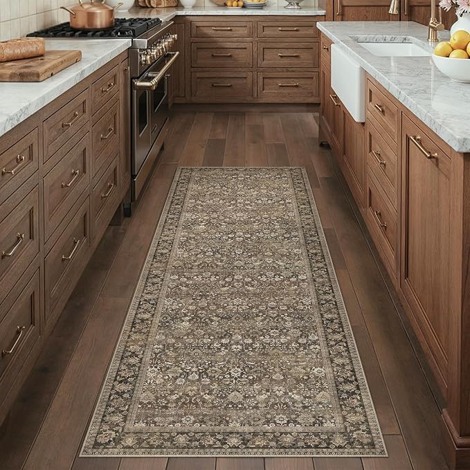 HUGEAR 2'6''x8 Runner Rug Machine Washable Brown Hallway Area Rug Indoor Accent Rugs Floral Low Pile Carpet Soft Throw Rugs Bedroom Living Room Office Dining Kitchen Laundry Non Slip