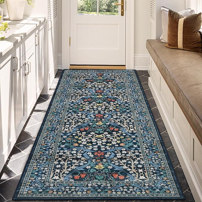 GarveeHome Blue Floral 2x6 Washable Kitchen Runner Rug | Vintage Stain Resistant Rugs for Entryway Hallway Bedroom Bathroom Low-Pile Non-Slip Soft Botanical Boho Rug TPE Backing