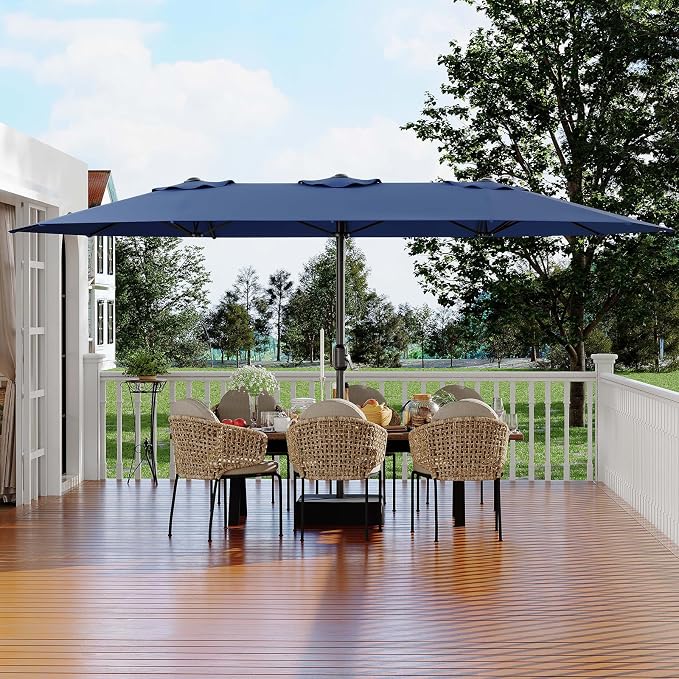 Garvee 15 ft Rectangular Patio Umbrella with Base Included - Large Patio Umbrella with Crank Handle, UV Protection for Outdoor Market, Backyard, Pool - Navy Blue