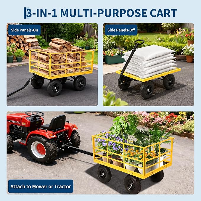 Garvee 1500 LB Garden Dump Cart, Heavy Duty Metal Utility Wagon ATV Trailer | 13 in All Terrain Tires, 4-in-1 Yard Wagon Cart with Removable Side Panels for Outdoor Lawn, Yard, Backyard