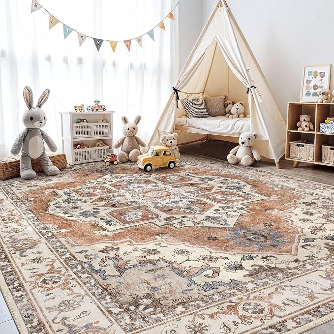 Washable Area Rug-10X12 Vintage Neutral Soft Brick Red | Non Slip Thin Foldable Large Floor Carpet for Living Room Bedroom Kitchen Dining Room Home Office Farmhouse Indoor