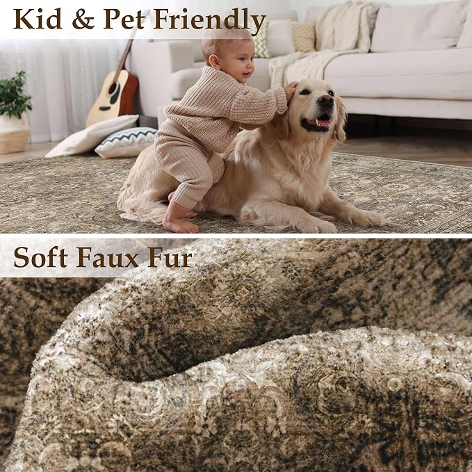 6x9 Washable Area Rug for Living Room,Brown | Vintage Floral,Thick Mid Pile, Non Slip,Soft Plush Distressed Rug for Bedroom, Dining Room, Office