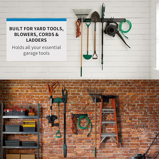 Precision Defined Garage Shovel And Rake Tool Organizer 48" 330lbs Capacity | Wall Mount Garden Tool Organizer, Garage Storage Rack, And Shed Organizer With Adjustable Hooks For Versatile Storage Options