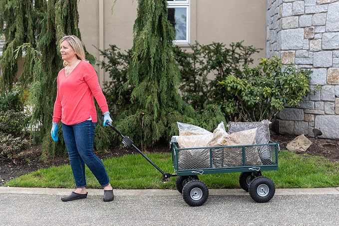 Garden Star 70107 Garden Cart/Utility Cart, Hinged/Removeable Sidewalls, Four 10-inch Wheels, Loop Handle with Convertible Hitch Attachment, Steel Powder-Coated Mesh Frame, 700-pound Capacity, Green