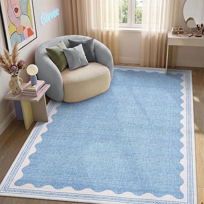 GarveeHome Scalloped 3x5 Area Rug Washable Non-Slip Low-Pile Indoor Rugs for Entryway Solid Blue Modern Minimalism Carpet for Bedroom Living Room Kitchen Bathroom Door Mat