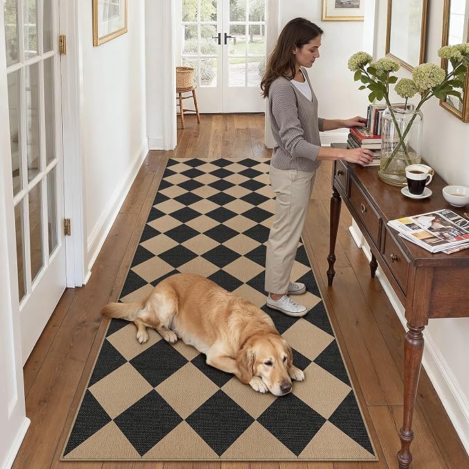 PureCozy 2'6"x8' Checkered Easy Jute Runner Rug Non Slip Hallway Kitchen Washable Outdoor Rug for Entryway Indoor Checkerboard Black Indoor Outdoor Long Carpet for Bedside Entry Front Door Porch
