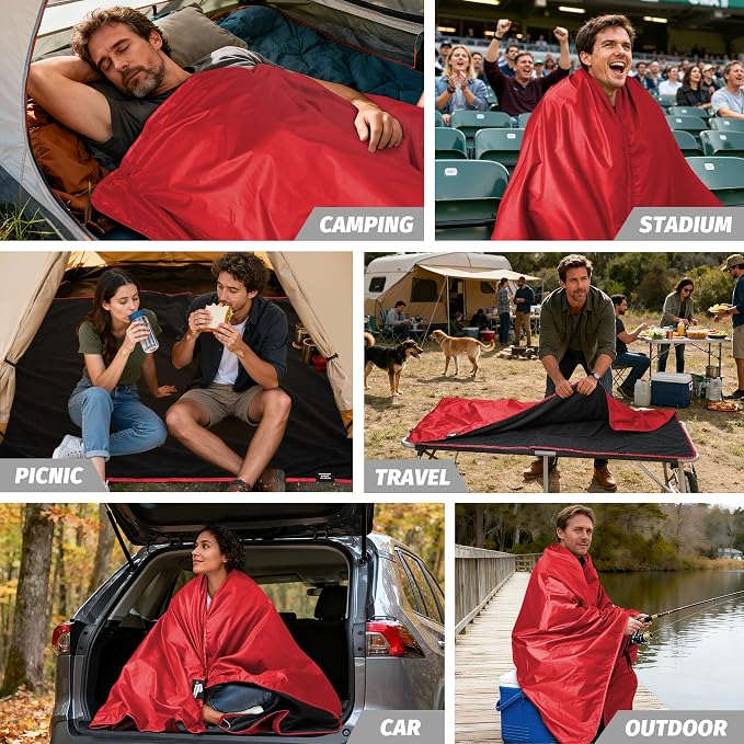 Large Waterproof Outdoor Picnic Blanket 80"x 58" | Windproof Lightweight Stadium Blanket, Packable, Stay Dry and Comfortable for Camping, Sports, Travel - Red