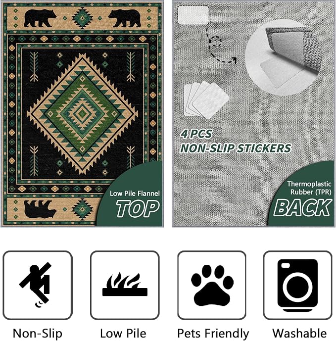 Southwestern Rug 4x5 - Native American Bear Cabin Area Rugs for Bedroom Living Room, Rustic Western Machine Washable | Non-Slip | Soft Carpets, Aztec Room Decor (Green Tan Black)