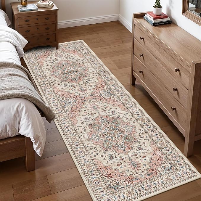 2’6″x 8’ Vintage Runner Low Pile Non-Slip Washable Hallway Rug | Retro Distressed Print Rug Non-Shedding Beige Pink Carpet Stain Resistant Long Rug for Hallway Kitchen Bedroom Laundry Room