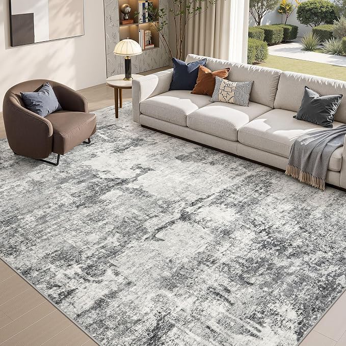 DMOYEST 9x12 Area Rug for Living Room Washable Abstract Indoor Carpet | Neutral Modern Low Pile Rugs Kid & Pet Friendly Large Soft Thin Carpet for Bedroom Dining Room and Office - Grey