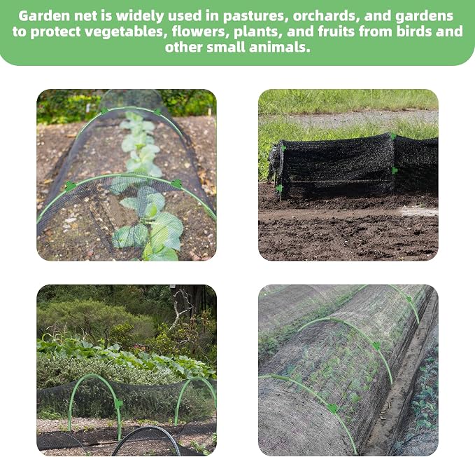 U0U Garden Mesh Netting Kit,7.8 x 24 Ft Plant Netting with Hoops,Bird Net for Garden with 6 Sets Garden Hoops & 18 Clips,Garden Net Bed Cover for Plants Birds Animals Protection (Black)