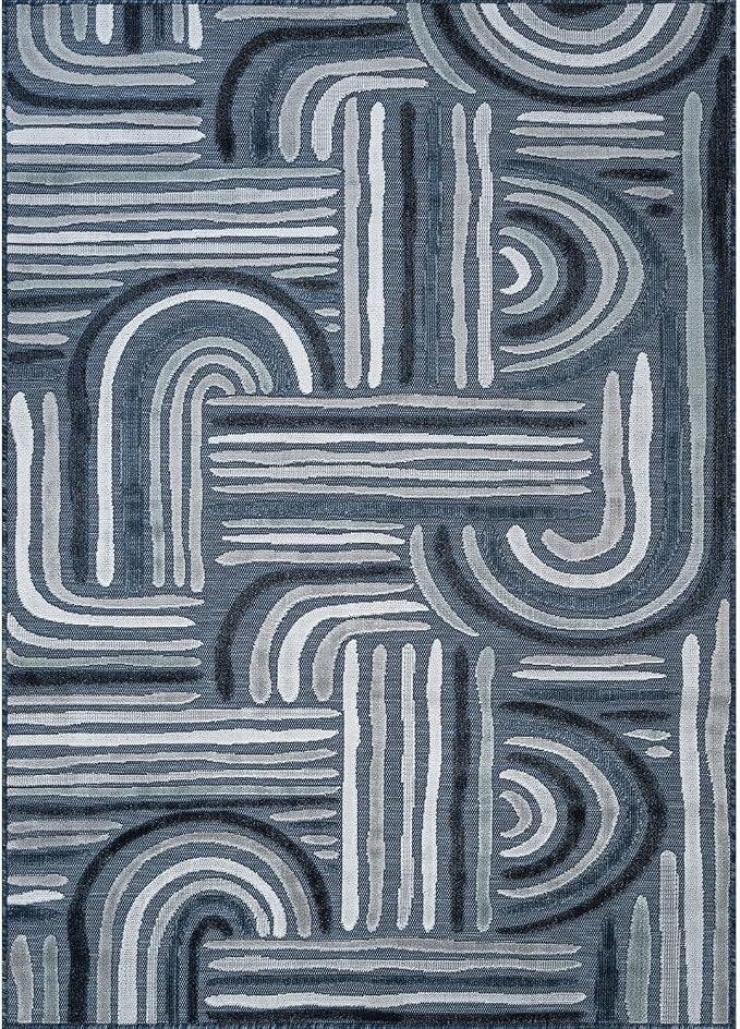 CAMILSON Indoor Outdoor Rug, Navy Blue 9x12 Geometric Arch Striped Large Area Rugs for Patio and Home Areas, Easy-Cleaning Non-Shedding Living Room, Garden and Deck Washable Outside Carpet (9 x 12)