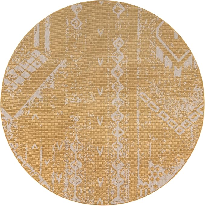 Unique Loom Outdoor Bohemian Collection Area Rug - Anthro (10' 8" Round Yellow/Ivory)