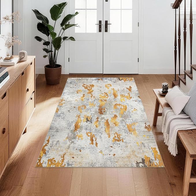Washable Area Rug 3x5: Modern Small Rugs and Mats for Entryway Kitchen Bathroom Bedroom Indoor - Non-Slip Stain Resistant Thin Low Pile - Orange Gold Grey