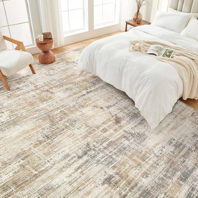 Uermei 9x12 Area Rug for Living Room Washable Abstract Golden Brown Carpet | Low Pile Non-Slip Soft Neutral Modern Kid Pet Friendly Large Rugs For Bedroom Dining Room Nursery Office Indoor Decor