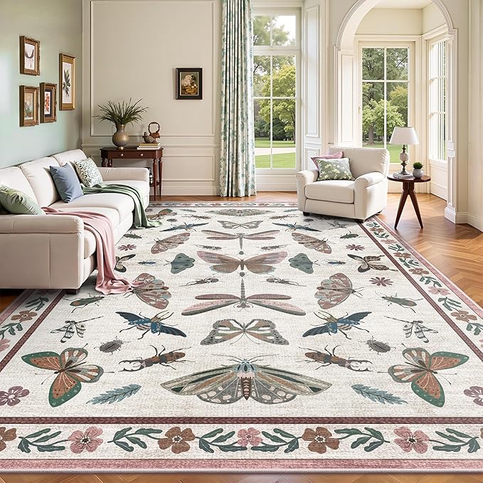 8x10 Area Rugs, Insect Ultra Soft Washable Rug Non Slip with Rubber Back, Stain Resistant Rugs for Living Room, Bedroom, Dining Room, Kids Room(Pink Butterfly)