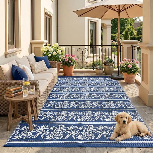 Garvee Outdoor Rugs 5x8 Waterproof Reversible Mat Boho Leaf Patio Rug with 4 Stakes and Starage Bag, Large Outdoor RV Mat Rugs for Camping, Picnic, Balcony, Deck, Backyard, Navy Blue & White