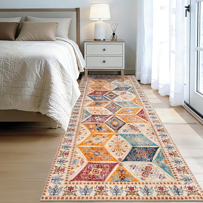 Moroccan Vintage Distressed Boho Geometric Cream 2.7x8 Runner Rug | Patchwork Washable Non Slip Throw Floor Long Carpet Runner for Hallway Entryway Kitchen Bathroom Bedroom Livingroom Rug