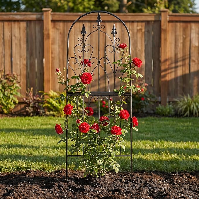 Garden Trellis for Climbing Plants 59" H x 21.7" W Metal Unique Design Decorative Garden Structure Weather-Resistant Lattice Outdoor Decor Flowers Roses Vine Ivy Clematis Black Coating