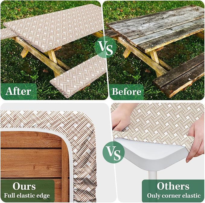 Picnic Table Cover with Bench Covers Elastic Edges, Boho Camper Fitted Table Cover, Outdoor Patio Camping Essentials 72 Inch 3PCS, Waterproof Camping Fitted Tablecloth with Drawstring Bag