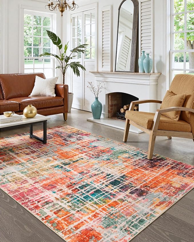 Beeiva Abstract Rugs for Bedroom 4x6, Modern Washable Non Slip Rug Non Skid, Ultra Thin Foldable Soft No Shedding Carpet for Living Room Bathroom Playroom Office - Multicolor