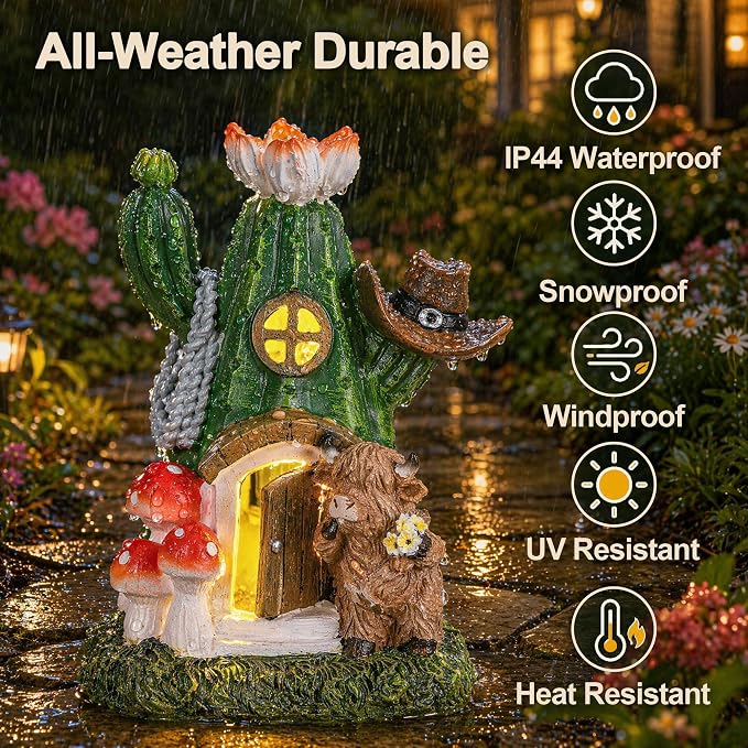 Fairy House Outdoor Figurine Lights, Highland Cow Garden Statue and Solar Cactus Mushroom House for Yard Patio Lawn Decor, Fairy Houses for Outside, Unique Garden Gifts for Women Mom