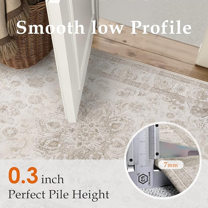Beige 5x7 Washable Area Rug Bedroom Vintage Distressed Carpet | Soft Low Pile, Non Slip, Stain Resistant, Traditional Retro Decor for Dining Room, Living Room, Office, Kids Room