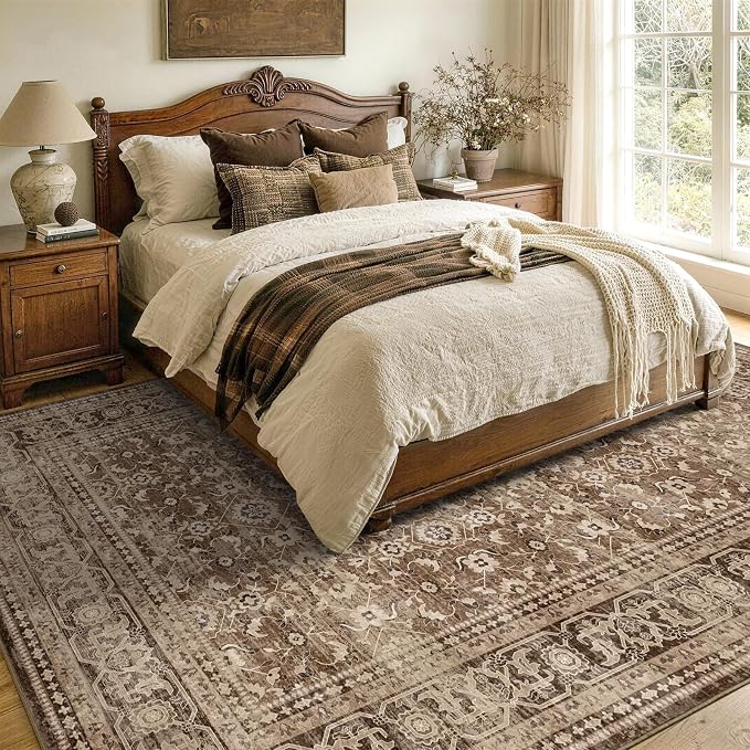 4x6 Ft Area Rugs for Living Room, Soft Non-Slip Machine Washable Rug, Vintage Stain Resistant Carpets for Bedroom Nursery Dining Room Home Decor (Brown)
