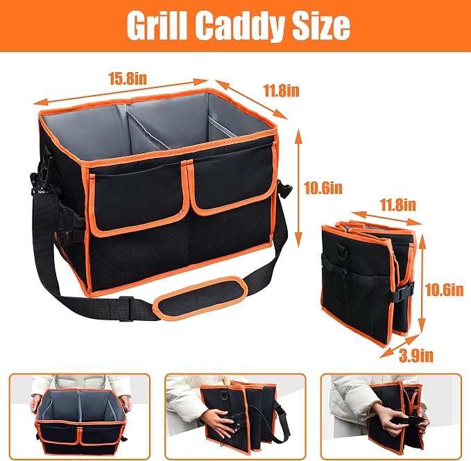 Large Grill Caddy with Paper Towel Holder - BBQ Caddy Organizer for Utensil, Condiment - Easy Carry Picnic Caddy - Griddle Caddy for Camping, Travel, RV - 600D Waterproof Oxford Fabric