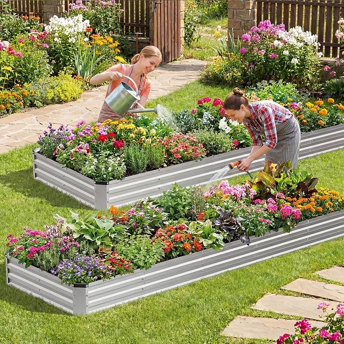 DUMOS Galvanized Raised Garden Bed Outdoor, 12x4x1ft 2 Pack Raised Metal Planter Box, Rust-Resistant Steel Garden Planter, Rectangular Gardening Flower Bed for Vegetables Flowers Herbs, Open Bottom