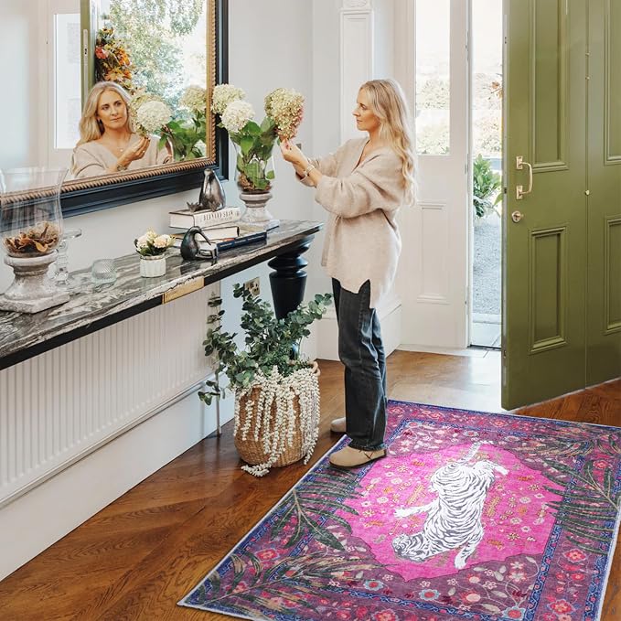 4x6 FT Leopard Rug for Living Room Hot Pink Leopard Vintage Animal Rug Aesthetic Pink Rugs for Girls Room Nursery Bedroom Home Office Dorm Thin Bright Magenta Carpet (Hot Pink, 4X6 FT)