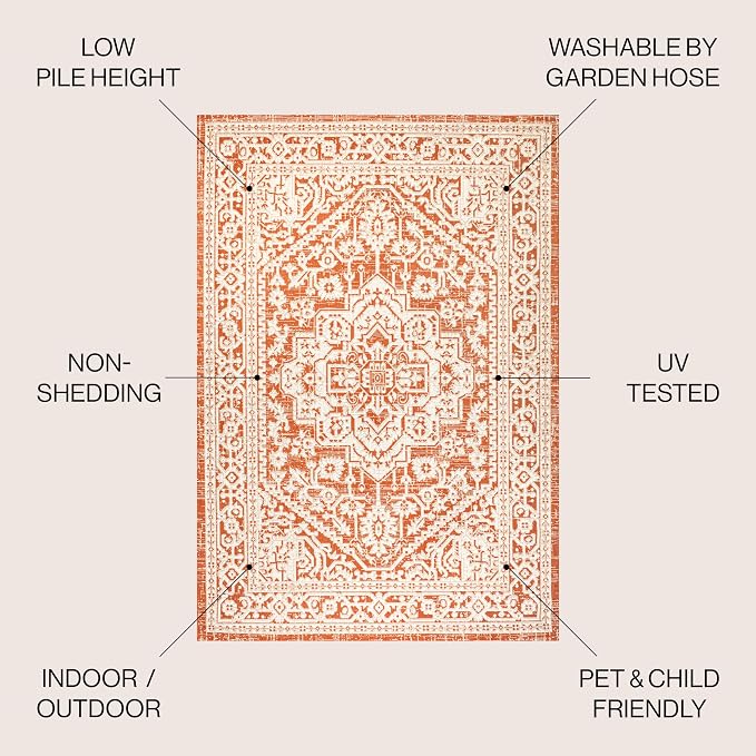 JONATHAN Y Medallion Weave Indoor Outdoor Square Area Rug 5X5 Orange/Cream, Sinjuri Textured for Backyard, Patio, Porch, Easy-Cleaning, High Traffic, Pet-Friendly, Non-Shedding (SMB101F-5SQ)