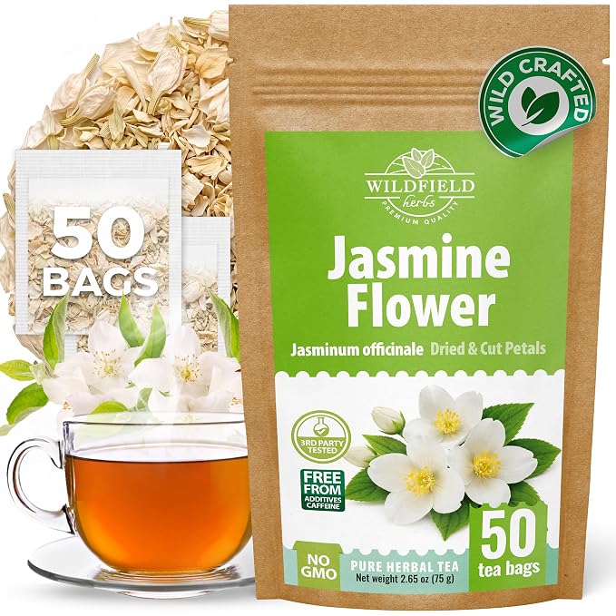50 Bags Jasmine Flower Herbal Tea (Jasminum Officinale) - 50 Count 1.5g Bags Dried Jasmine Herb Té De Jazmín