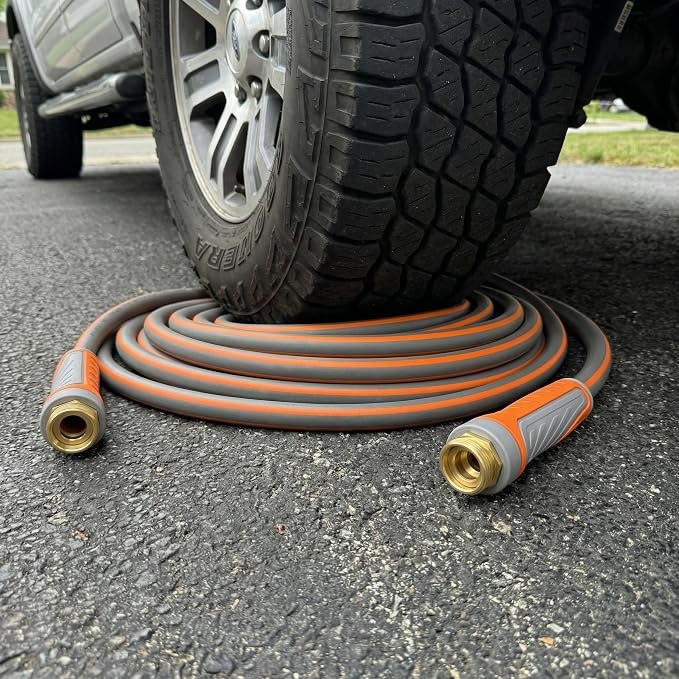 PremiumPro 50FT 5/8" Heavy Duty Reinforced Garden Hose, Large Flow,600 PSI Burst Pressure, Four Layer Hybrid Polymer Anti Kink with 360 Swivel Brass Connectors and handle for yard,washing & irrigation