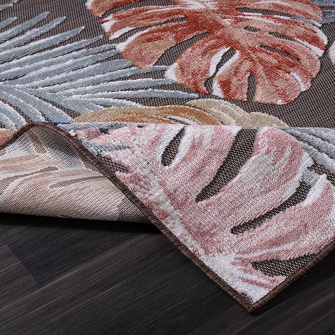 CAMILSON Indoor Outdoor Rug, Brown 7’10”x10’ Leaf Tropical Botanical Area Rugs for Indoor and Outdoor patios, Easy-Cleaning Non-Shedding Living Room, Garden and Kitchen Washable Outside Carpet (8x10)