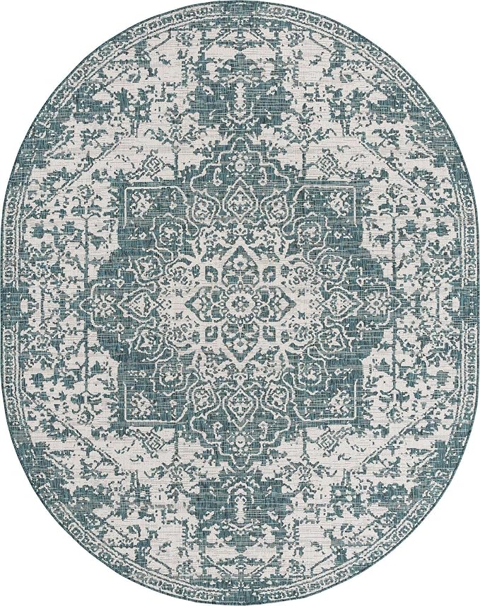 Unique Loom Jill Zarin Outdoor Collection Area Rug - Dubai (7' 10' x 10' Oval, Teal/ Ivory)