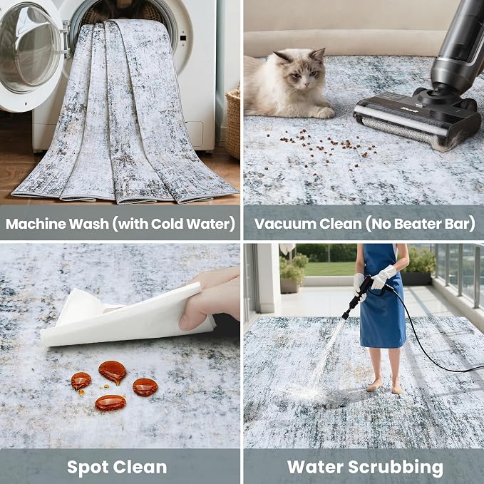 9x12 Washable Area Rug for Living Room Bedroom: Non-Slip Modern Blue Grey | Machine Washable TPR Backing, Stain-Resistant Low Pile, Pet & Kid Friendly, Abstract Decor for Dining Room, Dorm, Home Office
