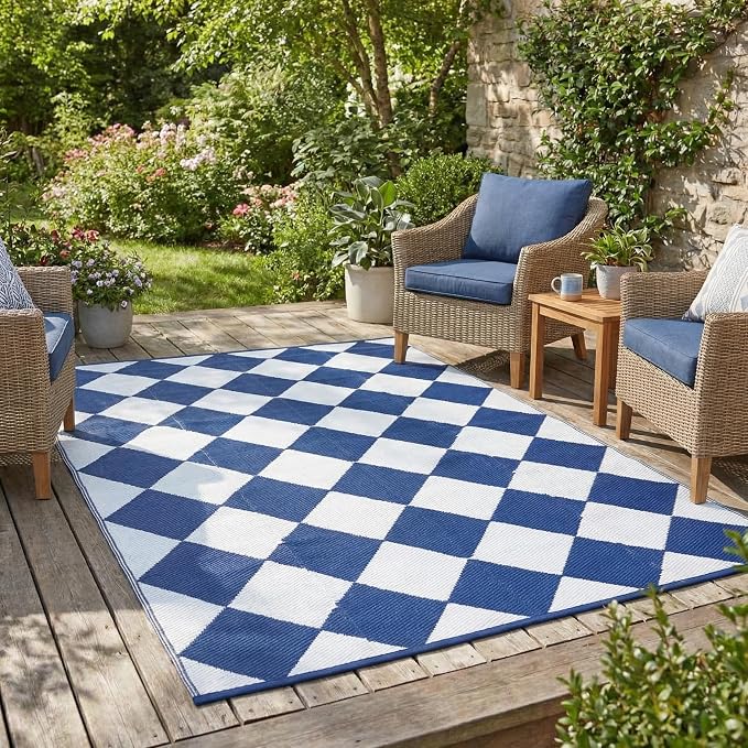 Garvee 8x10 Outdoor Rug Waterproof Plastic Straw Rug Outdoor Patio Rugs Reversible Mat Easy Clean Foldable Lightweight Large Area Rugs for Patio Porch Backyard Camping RV Beach Balcony Checkered Navy